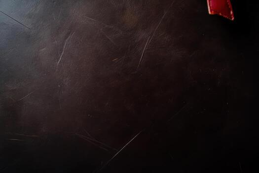 Dark leather surface with subtle texture and a hint of red detail photo