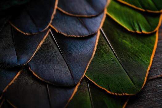 Detailed close-up of vibrant feathers showcasing texture and color variations photo