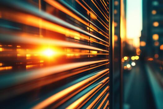 Sunset light shining through window blinds in an urban setting at dusk photo