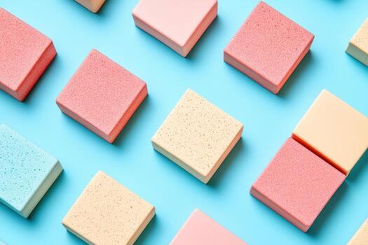 Colorful square soap bars arranged on a blue background at a craft setting photo