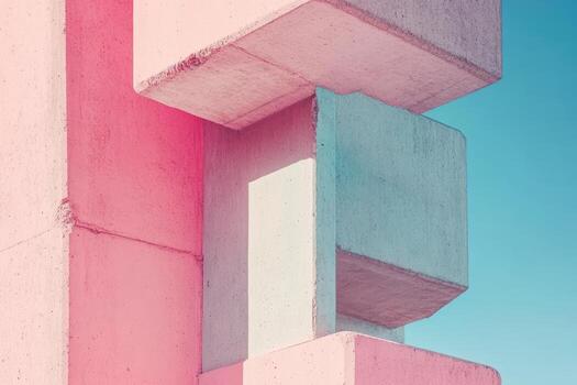 Abstract concrete structures in pink and blue against clear sky photo