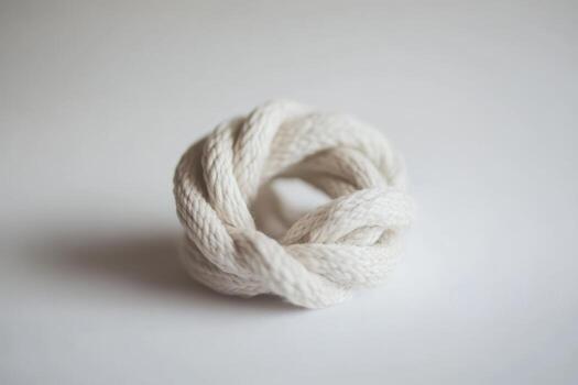 Twisted white rope displayed on a neutral surface for artistic effect photo