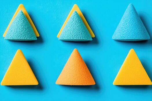 Colorful foam triangles arranged in a playful pattern on a blue background photo