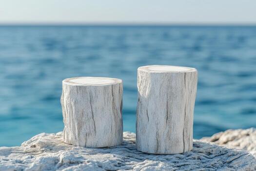 Decorative log stools beside calm ocean waters on a sunny day photo