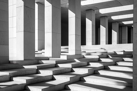 escalera con geométrico pilares y oscuridad a un moderno arquitectónico sitio foto