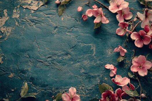 Pink flowers arranged on a textured blue background in a creative layout photo