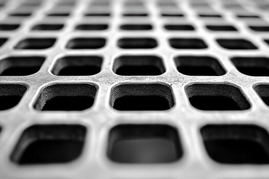 Metal grid with square holes creating a pattern on a flat surface photo