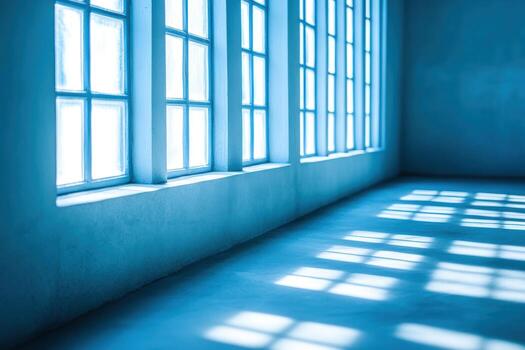 Bright blue room with large windows casting interesting shadows photo