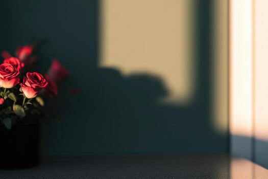 Beautiful roses in a shadowed corner with warm afternoon light casting gentle hues photo