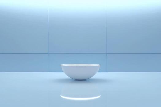 Minimalist bowl placed in an empty, softly lit blue room with smooth walls photo