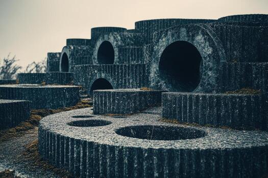 Unique concrete structures dotting a foggy landscape by the coast photo