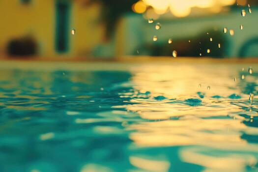 Water droplets create ripples in a tranquil pool at sunset photo