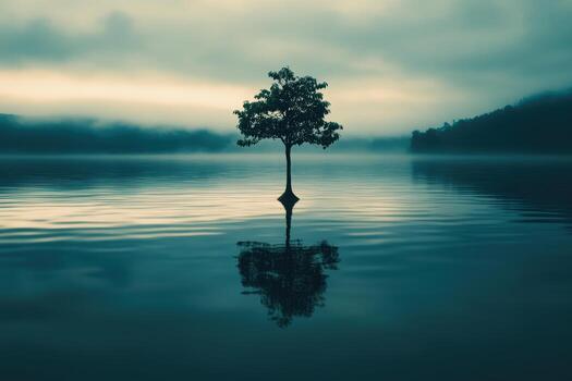 Calm tree stands alone in serene waters under cloudy sky photo