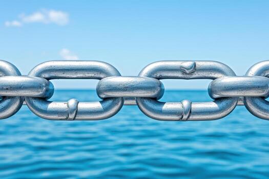 Silver chain links with ocean backdrop on a clear sunny day photo