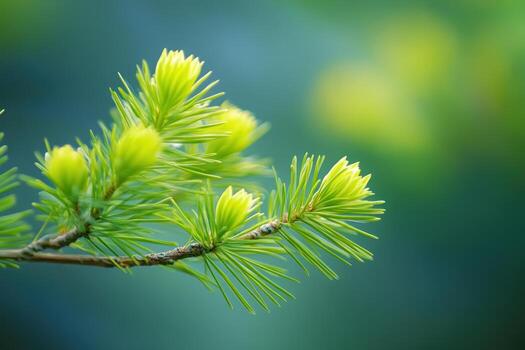 New spring growth on coniferous tree branch in lush natural background photo