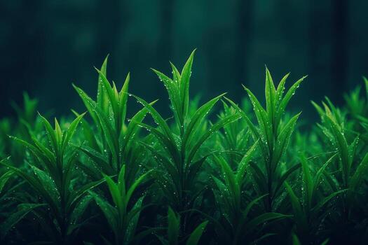 cubierto de rocío verde hojas florecer en un denso bosque debajo suave ligero foto