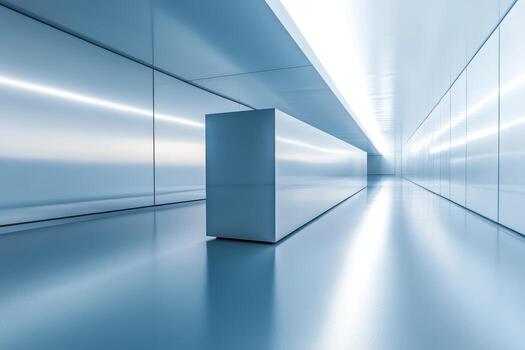 Futuristic minimalist hallway with reflective surfaces and subtle lighting photo