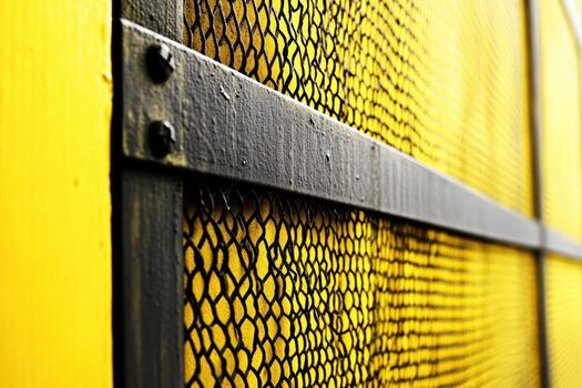 Texture and pattern of a weathered metal mesh against a yellow surface photo