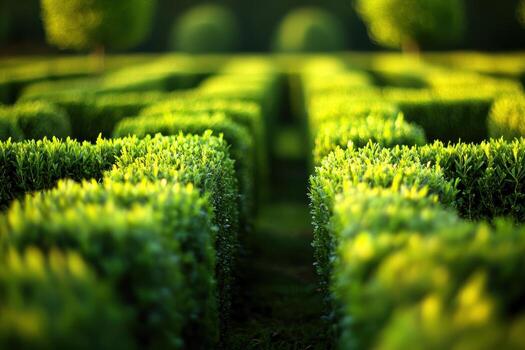 Lush green maze with meticulously trimmed hedges in evening light photo
