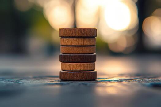 Stacked wooden discs create a serene focal point at sunset in the park photo