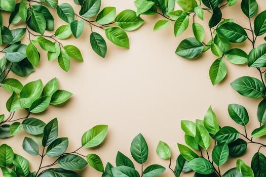 Lush green leaves arranged in a decorative border on a neutral backdrop photo