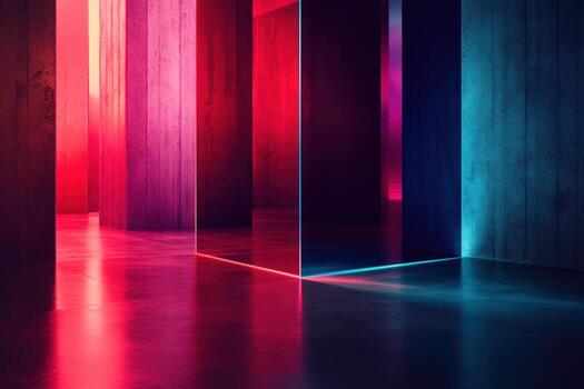 Abstract reflections and vibrant lights create a surreal atmosphere indoors photo
