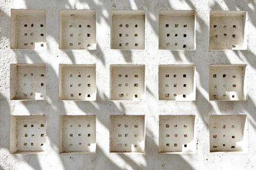 Decorative concrete wall with square openings casting interesting shadows photo