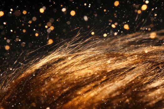 Golden sparkles shine on hair, creating a shimmering effect at the celebration photo