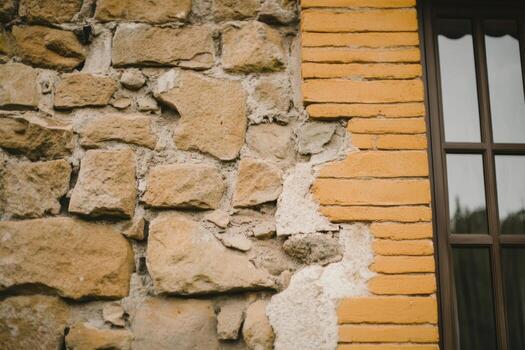 Details of a rustic stone wall contrasting with a brick window frame photo