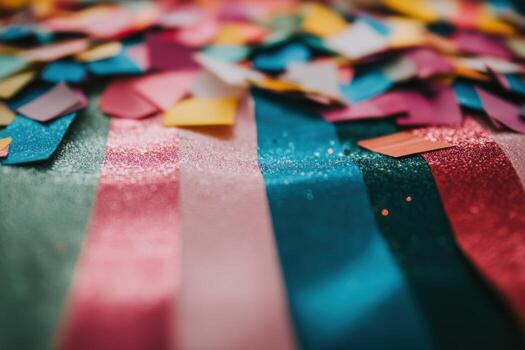 Colorful confetti arranged on patterned tablecloth for celebration event photo