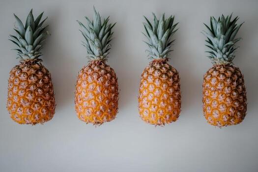 Fresh pineapples arranged in a row on a neutral background for display photo