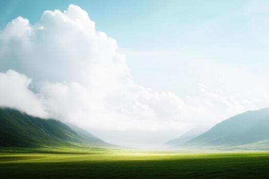 Scenic landscape with rolling hills and clouds at dawn in remote valley photo