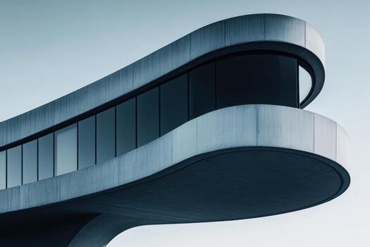 Modern architectural design of a curved building at dusk in an urban setting photo