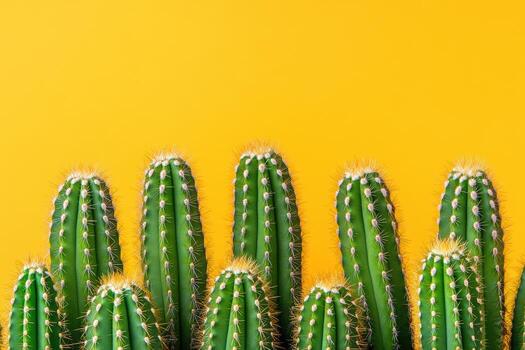 Green cacti against vibrant yellow background creating striking contrast photo
