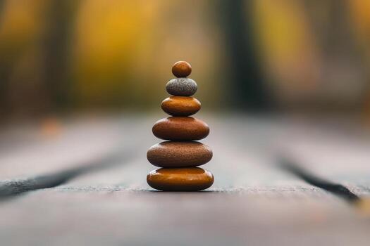 Stacked pebbles in a harmonious arrangement on wooden surface photo