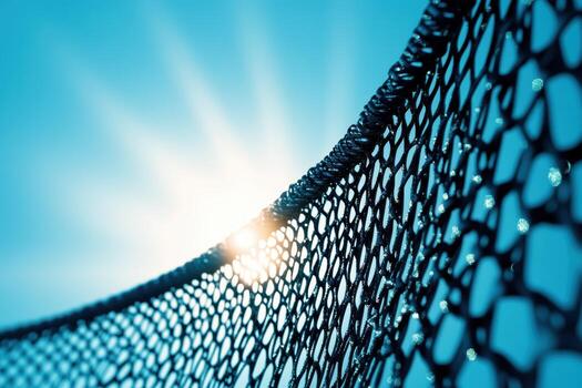 Bright sunlight shines through a textured net against a blue sky photo