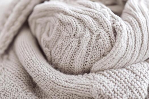 Cozy beige knitted blanket rolled up on a soft surface photo