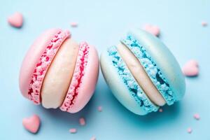 vistoso macarons arreglado con en forma de corazon asperja en un pastel antecedentes foto