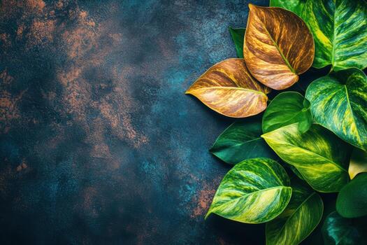 Vibrant green and gold leaves arranged on a textured dark background photo