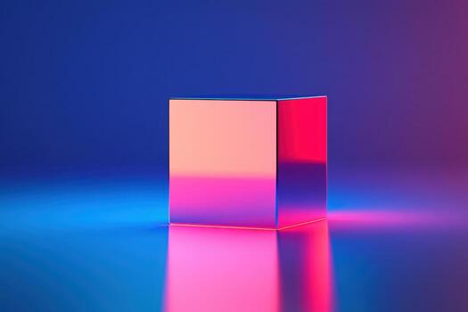 Colorful reflective cube with gradient lighting in a contemporary art setting photo