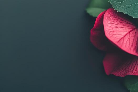 Close-up view of a vibrant red rose with lush green leaves in soft lighting photo