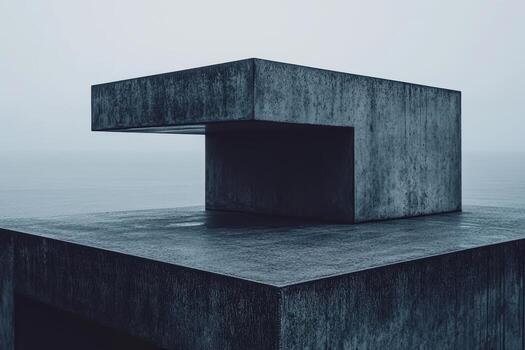 Modern concrete structure on a foggy day by the water's edge photo