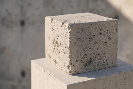 Concrete block positioned on a pedestal in a modern architectural setting photo