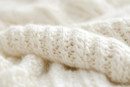 Cozy white knitted fabric showcasing intricate patterns and texture photo