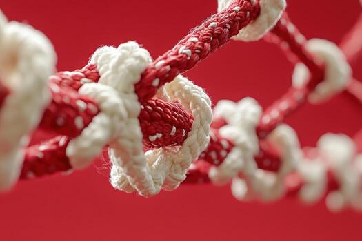 Close-up view of red and white rope knots on a vibrant background photo