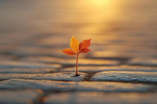 Resilient leaf emerging from cobblestone at sunset in autumn glow photo