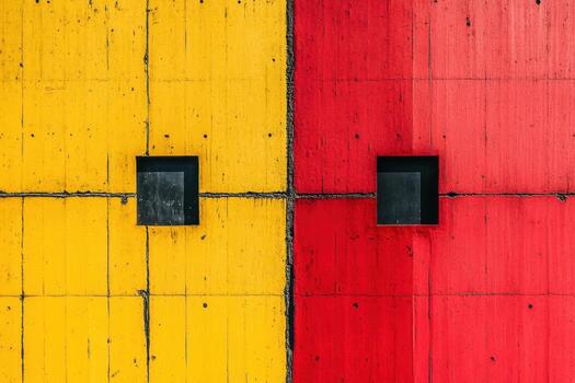 Bright geometric wall with black squares in urban setting during day photo