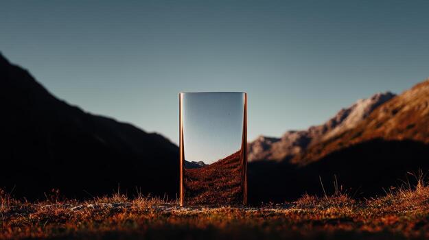 Reflective glass in nature with mountain backdrop during sunset photo