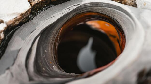 Natural rock formation creating a deep, dark pool on the shoreline photo