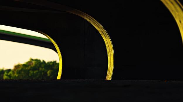 Curved architectural lines illuminated by sunset near greenery photo